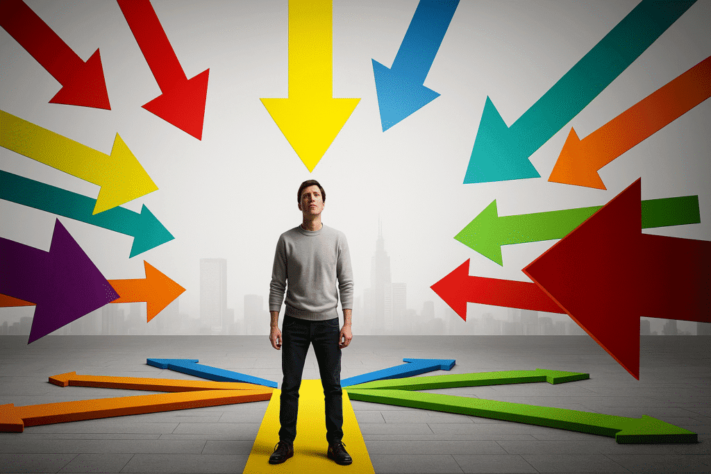 A person standing in the middle surrounded by arrows pointing in different directions, symbolizing decision confusion