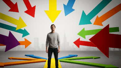 A person standing in the middle surrounded by arrows pointing in different directions, symbolizing decision confusion