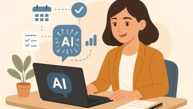 "Illustration of a woman using AI-powered project management tools on a laptop"