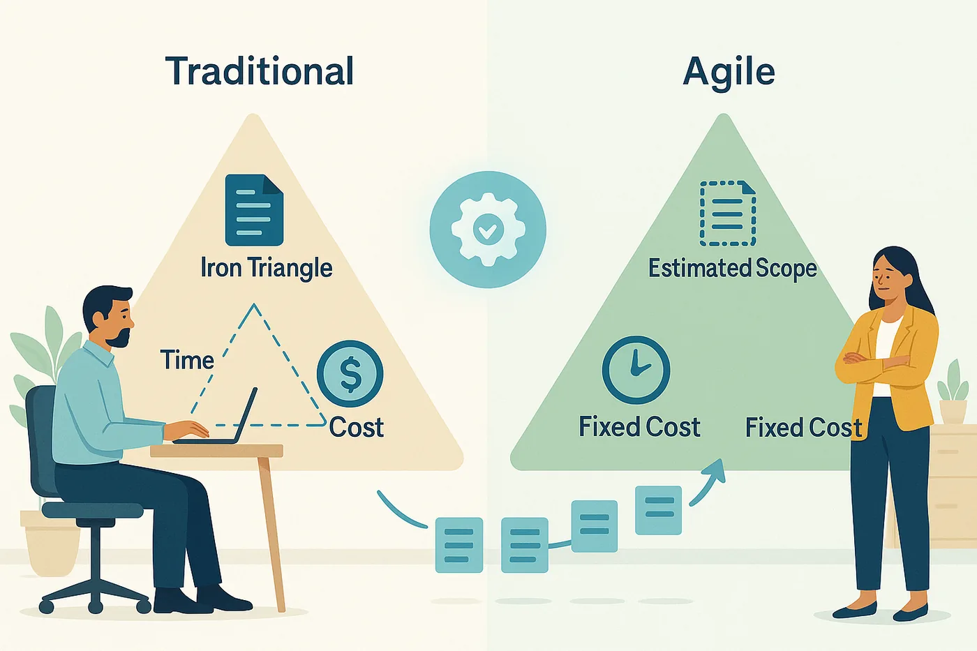 المثلث الحديدي: تقليدي (نطاق ثابت، زمن/تكلفة مُقدّرة) مقابل Agile (زمن/تكلفة ثابتان، نطاق مُقدّر)