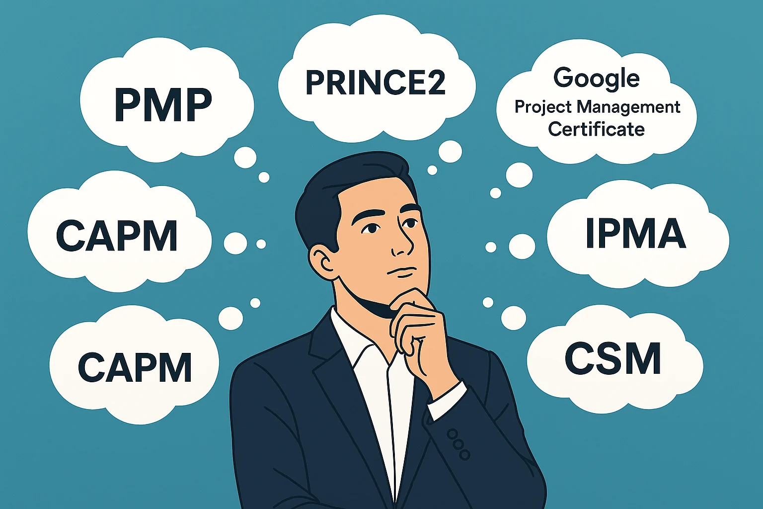 رسم توضيحي لشخص يفكر في شهادات إدارة المشاريع: PMP, PRINCE2, CAPM, PMI-ACP, CSM, IPMA, Google