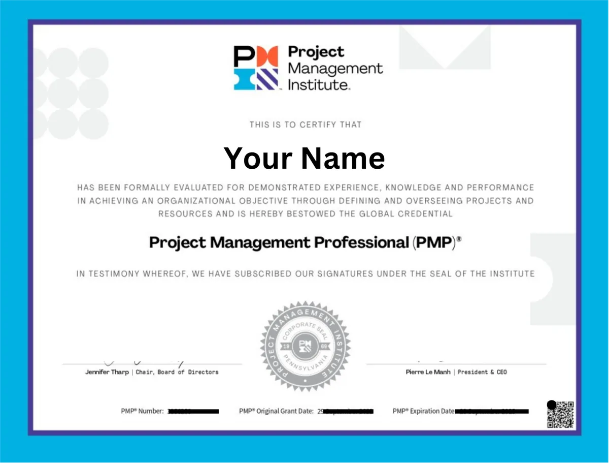 نموذج شهادة PMP بعد اجتياز الامتحان