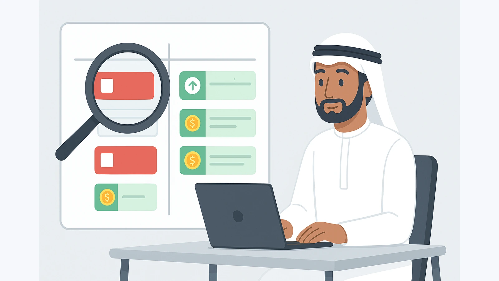 محلل عربي يعمل على سجل موحّد للمخاطر والفرص مع تمييز لوني وعدسة مكبرة على خلية