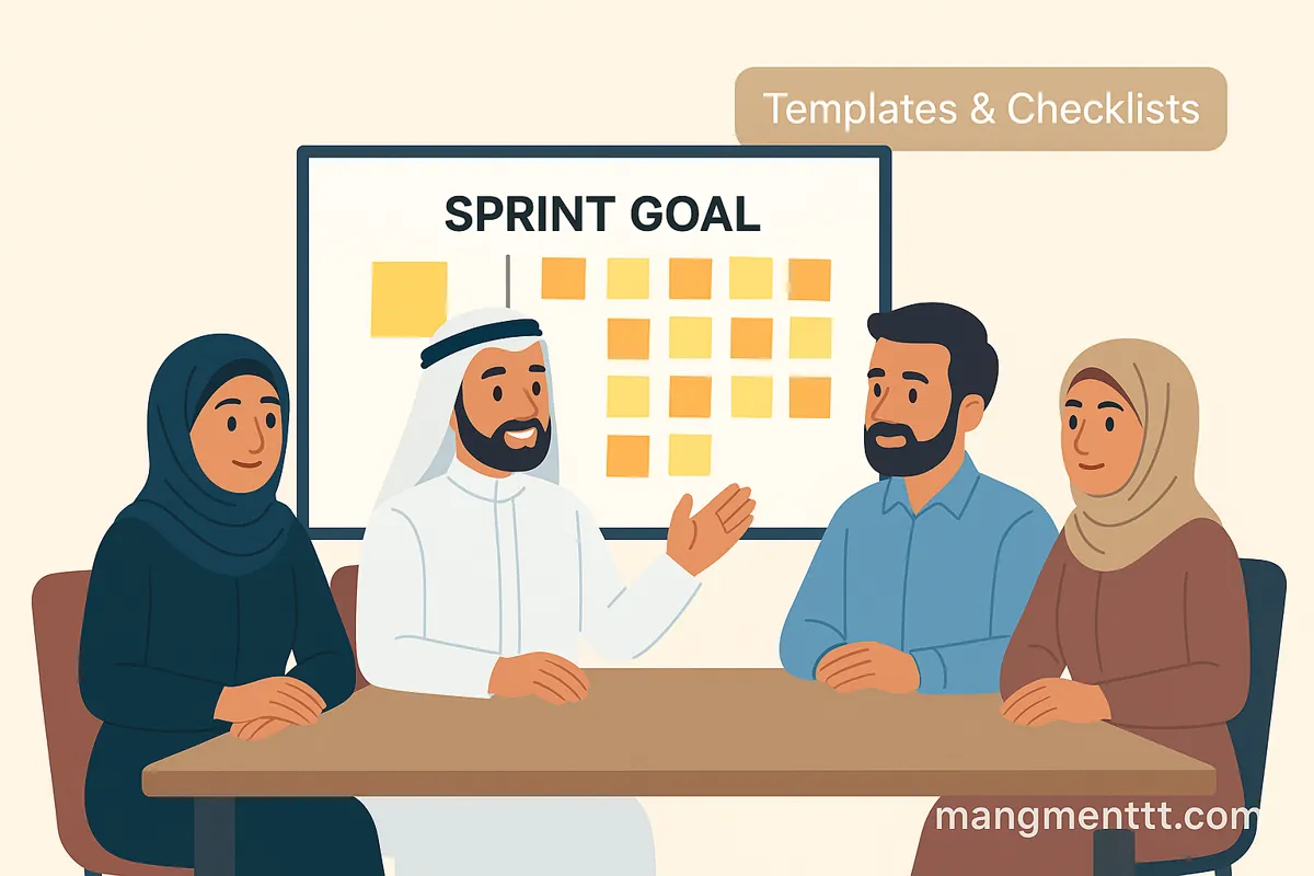فريق عربي كرتوني يناقش عناصر Product Backlog ويقسمها إلى مهام ضمن Sprint Planning