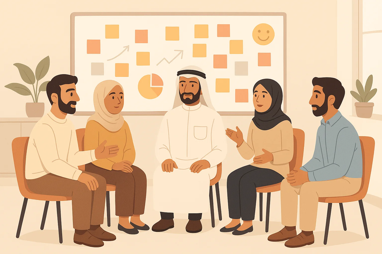 مراجعة السبرنت (Sprint Retrospective) — فريق عربي كرتوني يجلس في دائرة يناقش ما نجح وما يحتاج تحسينًا