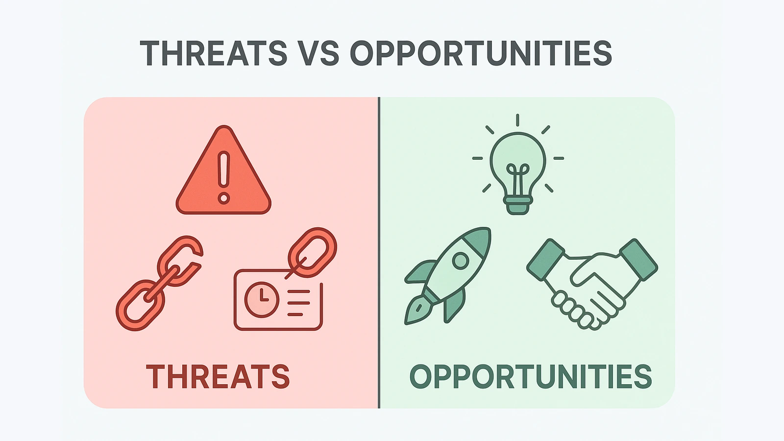 THREATS VS OPPORTUNITIES — تقسيم بصري يوضح الجانب الأحمر للتهديدات والأخضر للفرص ضمن إطار واحد